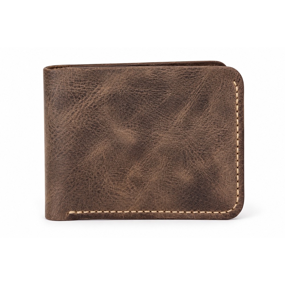 Men's Handmade Geniune Leather Bifold Wallet, Distressed Taupe Brown 4.5" x 3.5"
